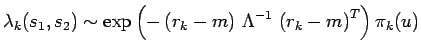 $\displaystyle \lambda_k(s_1,s_2)\sim
 \exp\left(-\left(r_k-m\right)\,\Lambda^{-1}\,
 \left(r_k-m\right)^{T}\right)\pi_k(u)$