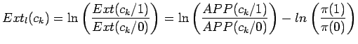 $\displaystyle Ext_l(c_k)=\ln\left(\frac{Ext(c_k/1)}{Ext(c_k/0)}\right)=\ln\left(\frac{APP(c_k/1)}{APP(c_k/0)}\right)-ln\left(\frac{\pi(1)}{\pi(0)}\right)$